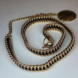 VINTAGE Gold Chain Black Leather Weave Belt with Medallion Links